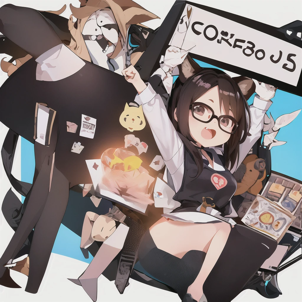 teacher, boss 1 girl, With glasses, by rubio, fox ears, contraction gesture, Cartoon, Chibi, White background, sticker, (exaggeration: 1,5), happy, holding an advertising sign, hands up