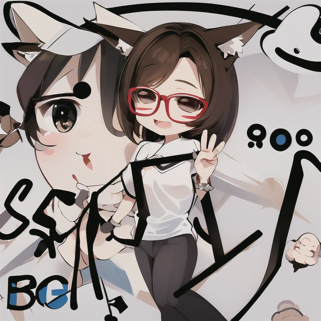 teacher, boss 1 girl, With glasses, by rubio, fox ears, contraction gesture, Cartoon, Chibi, White background, sticker, (exaggeration: 1,5), happy, holding an advertising sign, hands up
