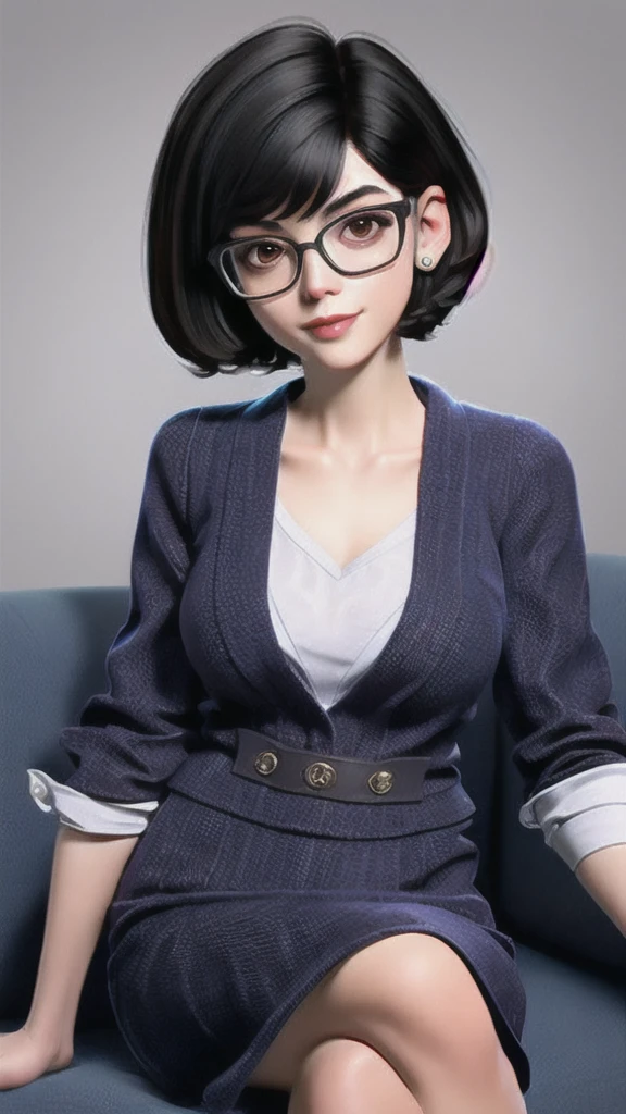 woman, short dark Chanel hair, with glasses, she is a psychologist, sexy, she is sitting on the couch