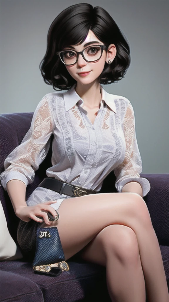 woman, short dark Chanel hair, with glasses, she is a psychologist, sexy, she is sitting on the couch