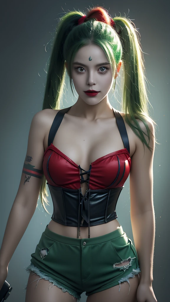 a woman with vibrant green and blue pigtails, a red and black corset top, ripped shorts, fishnet stockings, a baseball bat, and a crazy expression on her face, DC comics character Harley Quinn from the movie Suicide Squad, intricate detailed tattoos, highly saturated colors, high quality, photorealistic, cinematic lighting, dramatic pose, dynamic angle, action scene