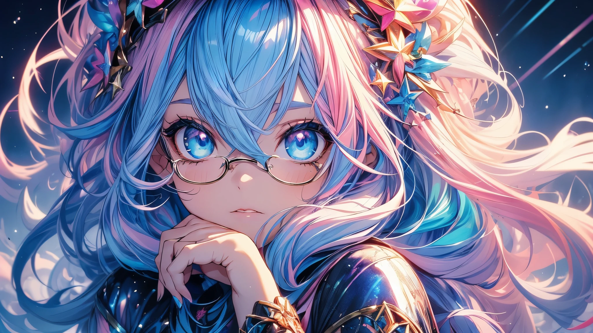 (Masterpiece ,、maximum quality、maximum quality、watercolor art(during)、Official Art、beautiful and aesthetic:1.2)、(1 girl:1.3)、(fractal art:1.3)、whole body、pupilas en forma de Star,、pattern、((Iridescent hair、colorful hair、half blue and half pink hair:1.2))、water、liquid、clouds、showy、noche Starda、Star、angry face、glasses、Write、heterochromia, (showy:1.5)、galaxiairando las Stars、anger