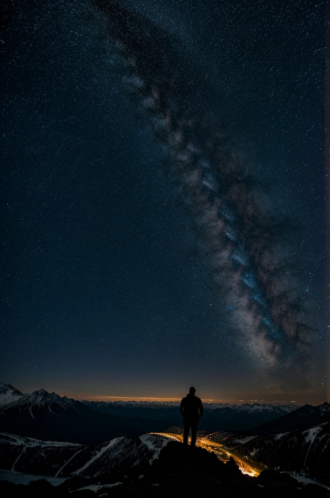 The silhouette of a man on the top of a mountain at night with many stars in the sky