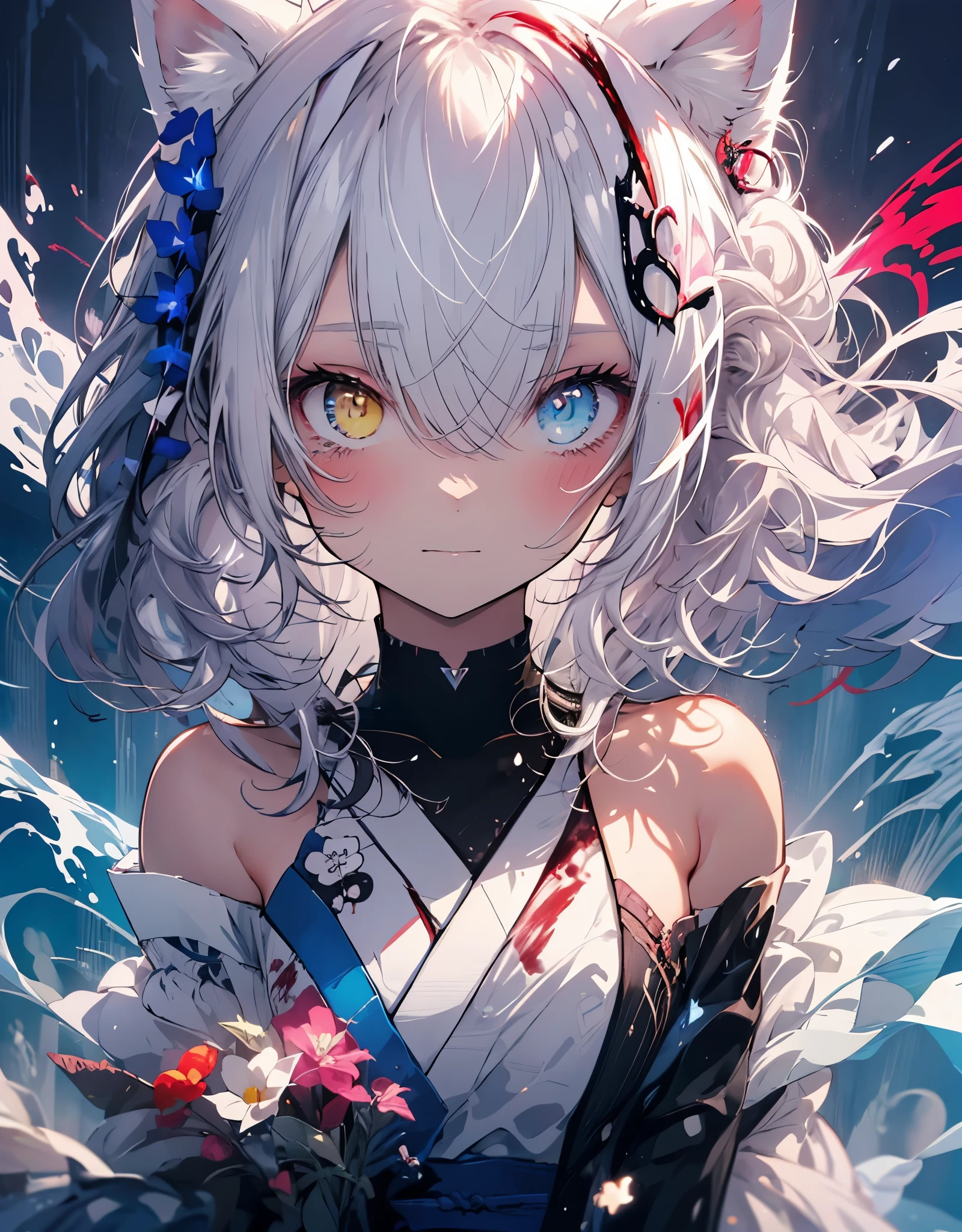 [[[ ultra-detailed, best quality, soft skin, beautiful, 4K]]] white hair, ((white cat ears)), ((one perfect demon red and black eye)) , ((white and blue eye)) ,((heterochromia)), tied-up hair, slender body, dynamic angle, white choker, white and blue upper loose kimono (off shoulders kimono ) , ((half evil expression)) , ((half sad expression)) , female, snowy palace gardens background, serious, blood on snow). walking angle, ((little horny smile)), bare shoulders,  easy like, scenery, sexy pose, blood tears from one eye, normal watwr tears from the other eye, half face good, half face evil, HQ face details