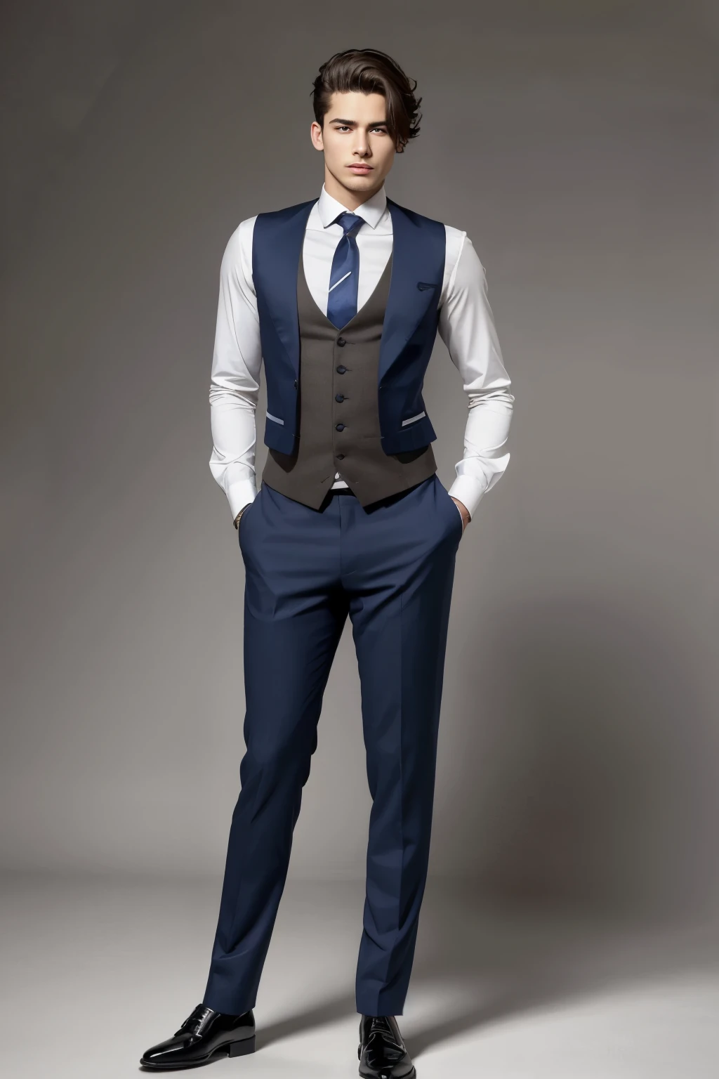 An england 19-year-old man, has an average height, around 1.75, not very muscular, with brown eyes and hair, a scar from a cut on the left side of his face starting from his mouth to the end of his cheek, a slightly thick mustache. twisted, he wears a dress shirt with the sleeves rolled up to the elbows, layered with a Victorian dress vest, trousers and shoes, he uses more sporty gloves and shoulder pads.