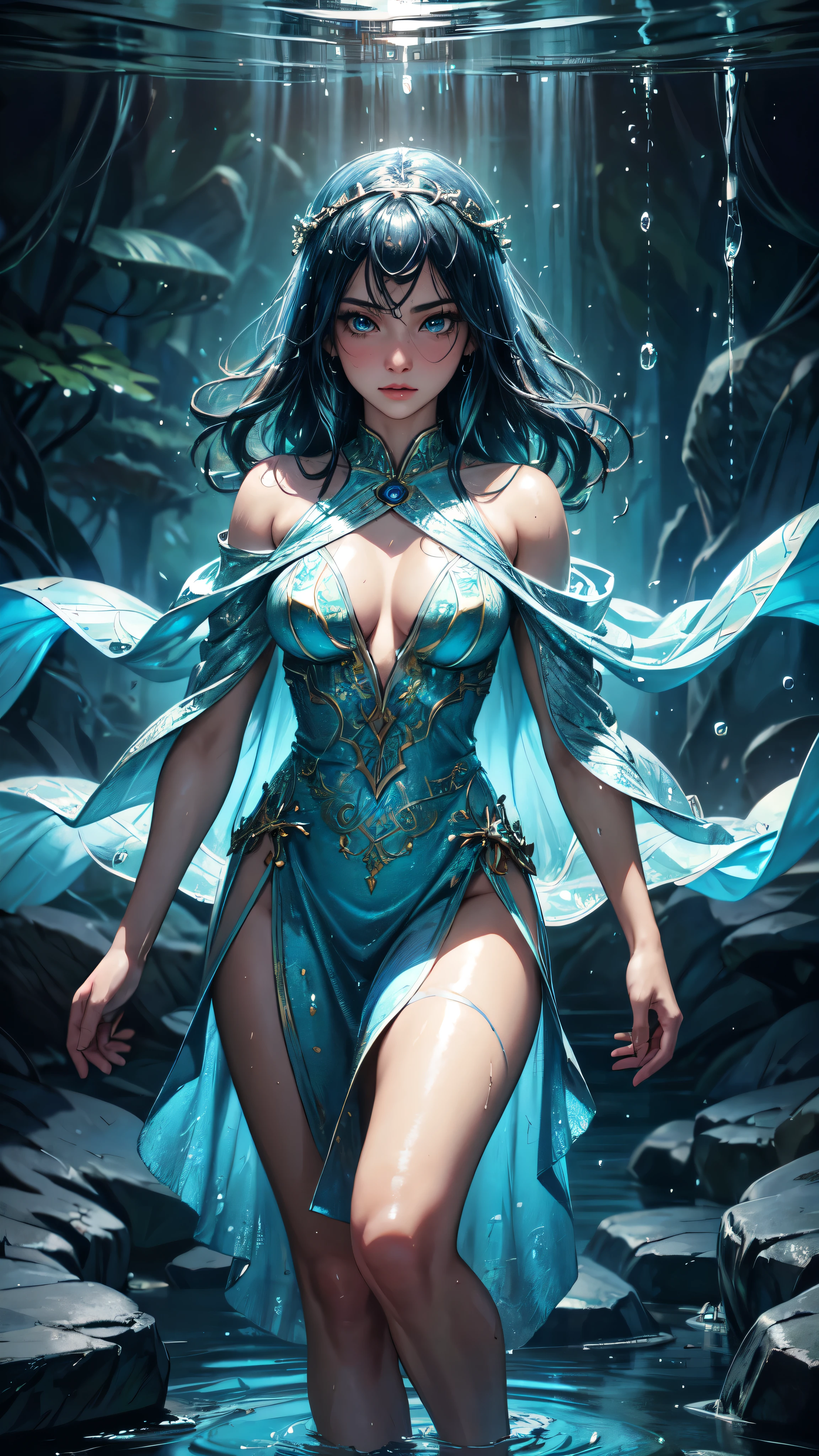 young girl, asian girl, water mage, sorceress, water diety, magical dress made out of water, wearing magical jewels, controling all water around her, makes streams of water spin around her, ancient cave in background, sexi, small breasts, , highly detailed, vibrant appearance, creative behavior, extremly detailed, imaginative, sensual, spontaneous, highest quality, skin texture, intricate details, (cinematic lighting), RAW photo, 8k, masterpiece,best quality,ultra-detailed,very detailed illustrations,extremely detailed,intricate details,highres,super complex details,extremely detailed 8k cg wallpaper,wet hair, detailed eyes, detailed hands, detailed face, drops of water, drops, full body