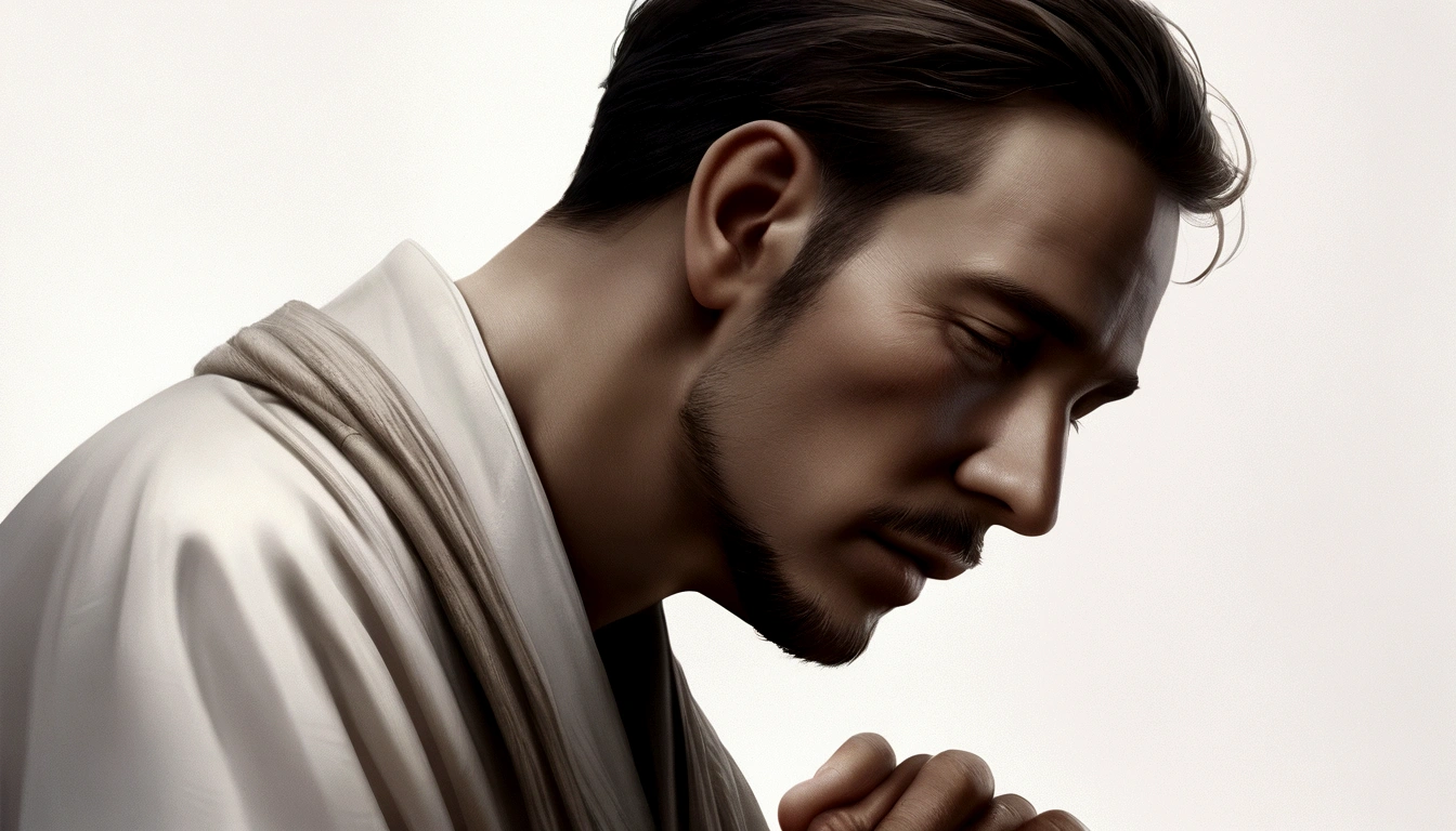 image of a man praying, high resolution, photorrealistic, wearing white clothes, light background that gives an impression of tranquility