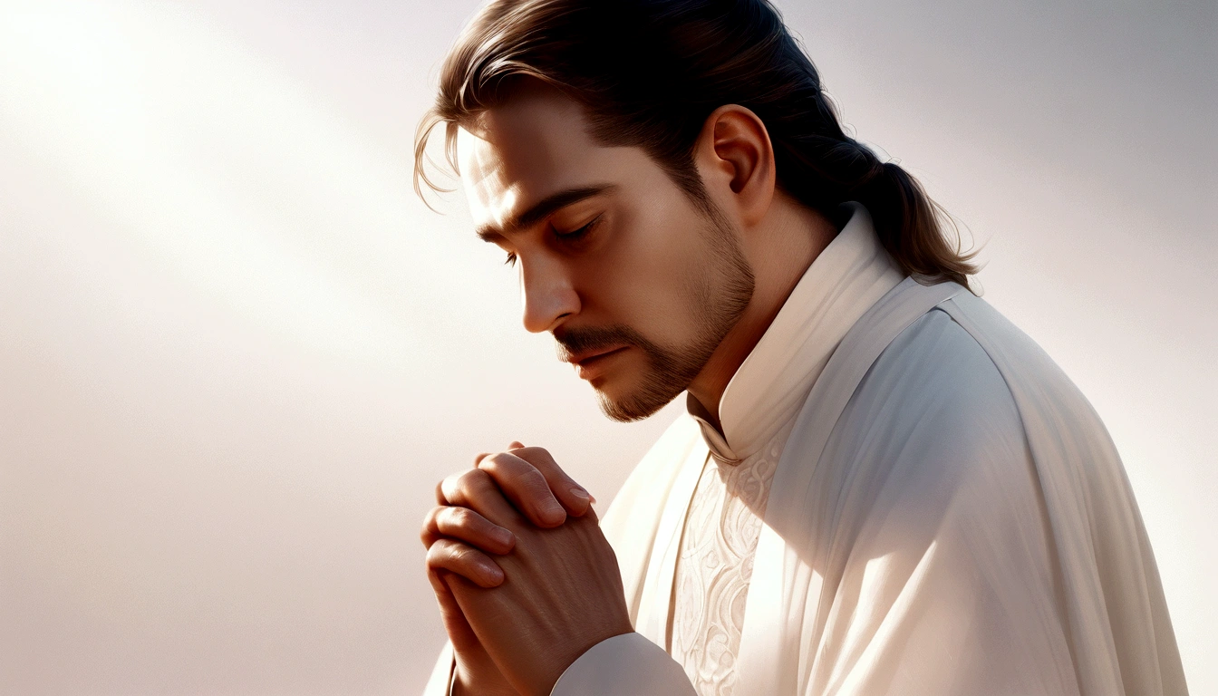 image of a man praying, high resolution, photorrealistic, wearing white clothes, light background that gives an impression of tranquility