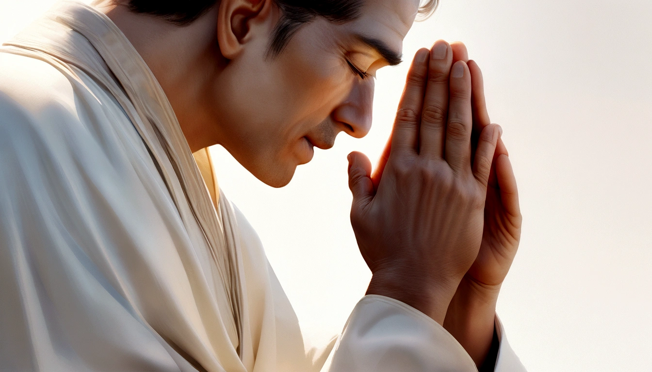 image of a man praying, high resolution, photorrealistic, wearing white clothes, light background that gives an impression of tranquility