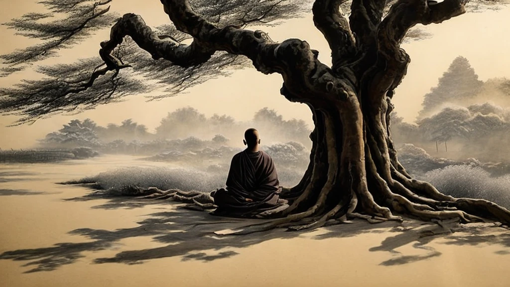 A detailed picture of a monk sitting meditation, could be sitting under a big tree, full body, eyes closed. his head shaved bald. Buddhism style. The monk clothing drapes elegantly but do not expose the body , and the dark yellow, could be in nature, background contrasts sharply with the monk, making it the focal point. The overall ambiance of the image is peacefully, emphasized by the play of light and shadow. Wide shot. front view. Realistic, Hyper detailed. traditional chinese ink painting, modelshoot style, peacefuln song, willow tree in background, wuchangshuo,