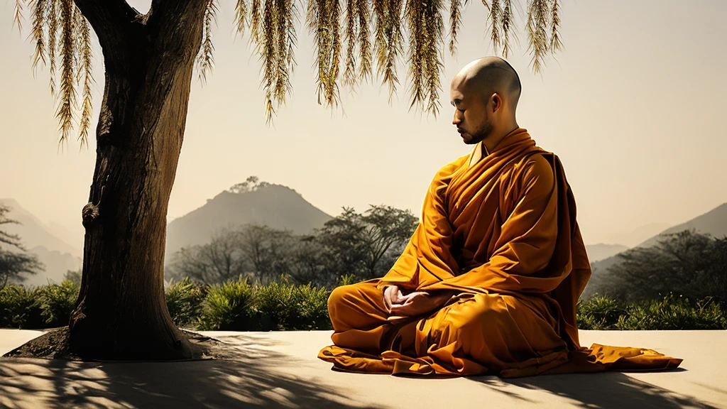 A detailed picture of a monk sitting meditation, could be sitting under a big tree, full body, eyes closed. his head shaved bald. Buddhism style. The monk clothing drapes elegantly but do not expose the body , and the dark yellow, could be in nature, background contrasts sharply with the monk, making it the focal point. The overall ambiance of the image is peacefully, emphasized by the play of light and shadow. Wide shot. front view. Realistic, Hyper detailed. traditional chinese ink painting, modelshoot style, peacefuln song, willow tree in background, wuchangshuo,