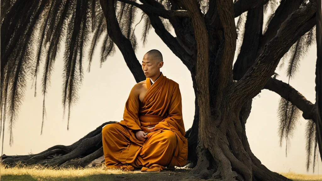 A detailed picture of a monk sitting meditation, could be sitting under a big tree, full body, eyes closed. his head shaved bald. Buddhism style. The monk clothing drapes elegantly but do not expose the body , and the dark yellow, could be in nature, background contrasts sharply with the monk, making it the focal point. The overall ambiance of the image is peacefully, emphasized by the play of light and shadow. Wide shot. front view. Realistic, Hyper detailed. traditional chinese ink painting, modelshoot style, peacefuln song, willow tree in background, wuchangshuo,
