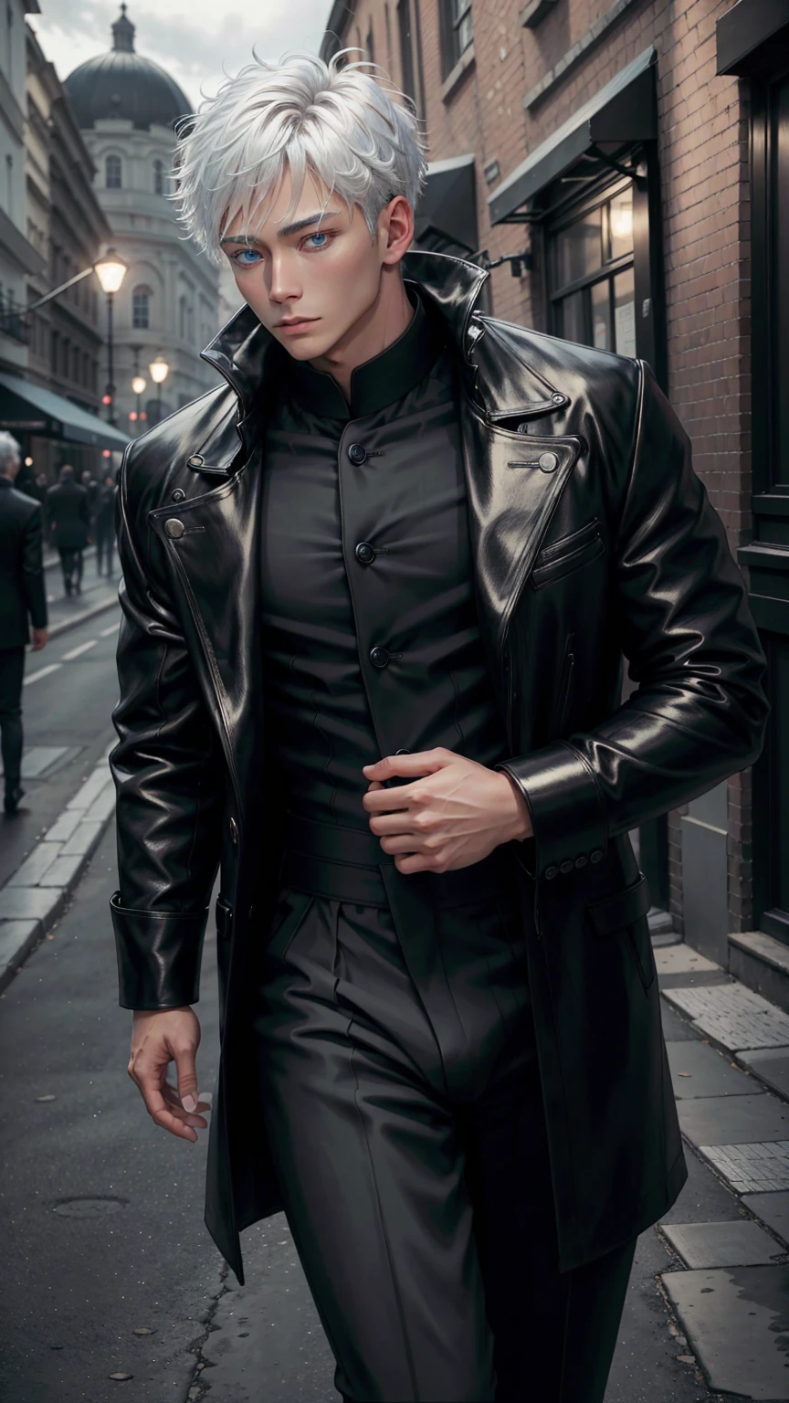 black winter male overcoat black clothing,satoru gojo,white hair,short hair,hair between eyes,blue eyes,colored eyelashses,dark formal suit, black formal outfit, black coat, walking straight,(photorealistic:1.4), (masterpiece, sidelighting, finely detailed beautiful eyes: 1.2),black leather gloves, full body shot, blinfolded, glowing blue eyes, whole black and white picture, only blue eyes