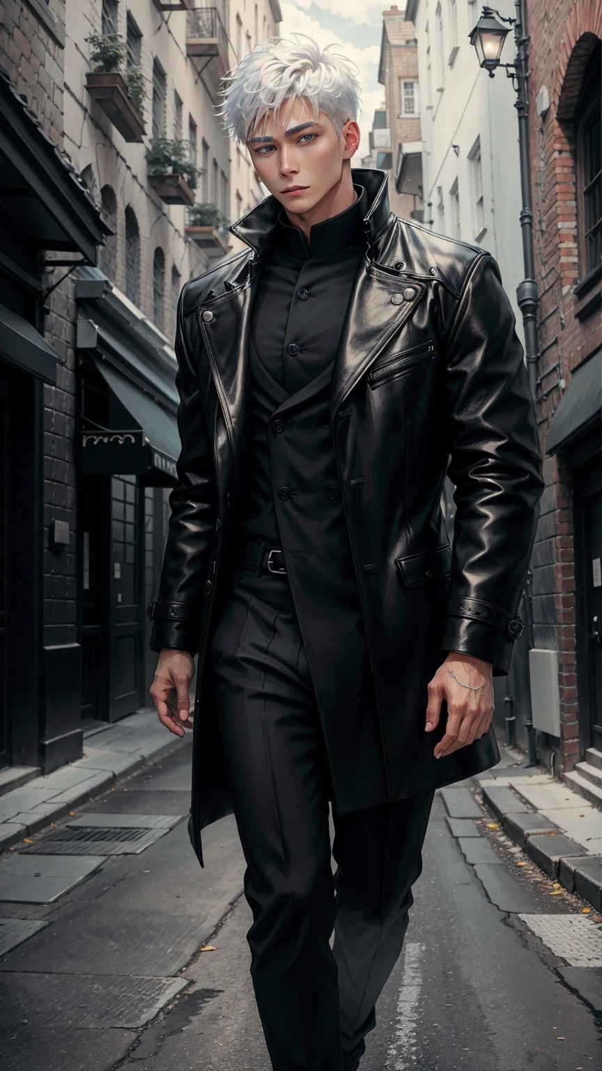 black winter male overcoat black clothing,satoru gojo,white hair,short hair,hair between eyes,blue eyes,colored eyelashses,dark formal suit, black formal outfit, black coat, walking straight,(photorealistic:1.4), (masterpiece, sidelighting, finely detailed beautiful eyes: 1.2),black leather gloves, full body shot, blinfolded, glowing blue eyes, whole black and white picture, only blue eyes