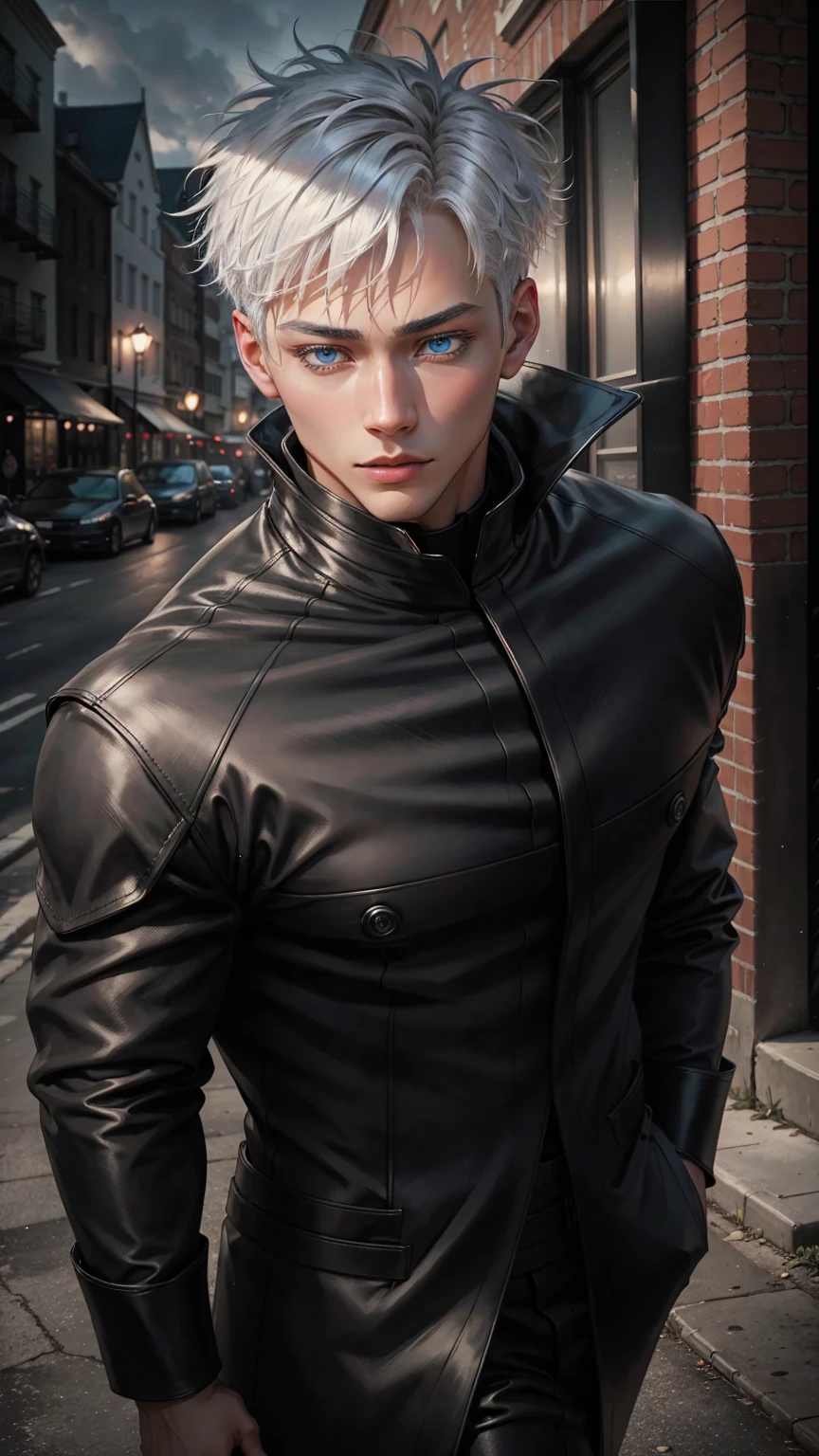 black winter male overcoat black clothing,satoru gojo,white hair,short hair,hair between eyes,blue eyes,colored eyelashses,dark formal suit, black formal outfit, black coat, walking straight,(photorealistic:1.4), (masterpiece, sidelighting, finely detailed beautiful eyes: 1.2),black leather gloves, full body shot, blinfolded, glowing blue eyes, whole black and white picture, only blue eyes