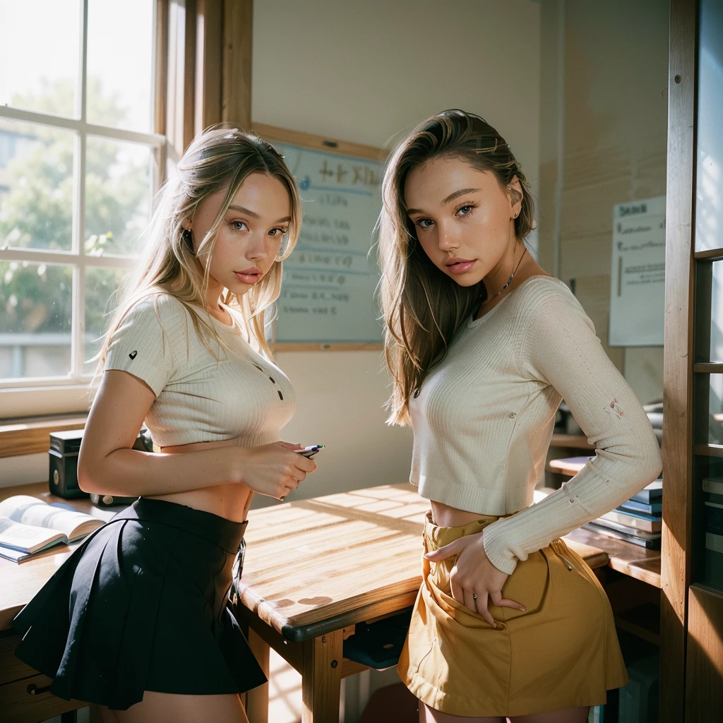 Realistic photo of a beautiful 18 year old (((ALEXIS-REN))), (best quality,ultra-detailed,realistic:1.2),beautiful detailed eyes,beautiful detailed lips, blonde hair, student, classroom, learning, standing near a desk, books, teacher, pencil, school girl skirt outfit