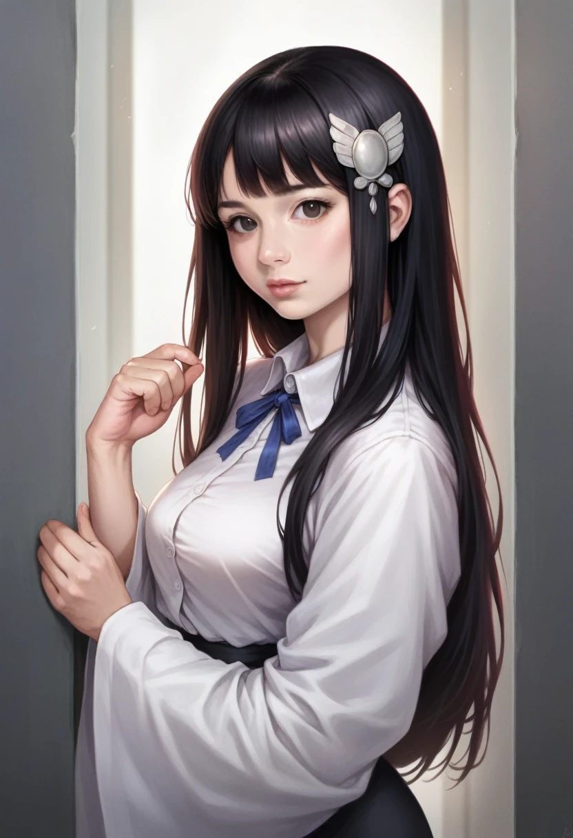 Best quality, (Photorealistic:1.2), 1 girl, One, detailed face, face focus, standing, black hair,(hair ornament:1.35),Office lady, sleeves with ribbon, cut off sleeves, tape trim, wide sleeves, (Looking at the viewer:1.5) long hair, black eyes, bang, lips,