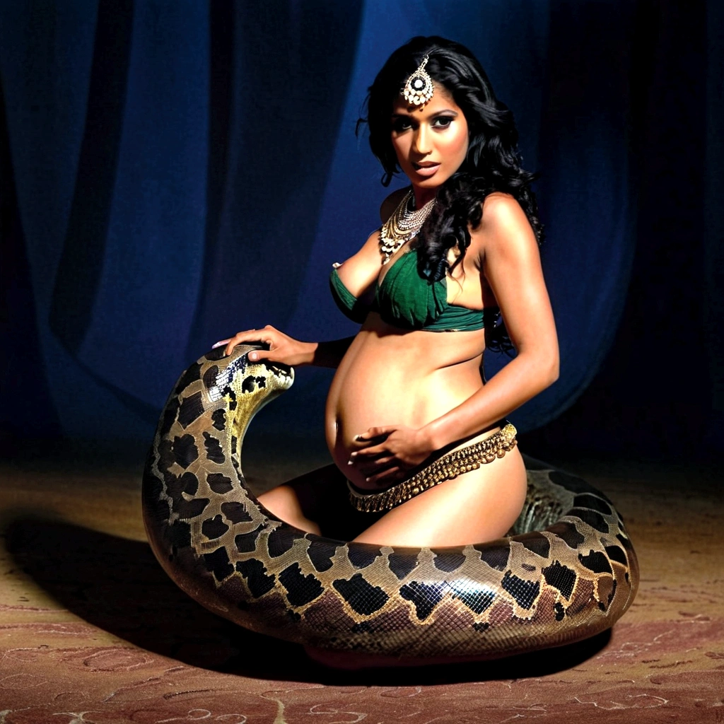 Pregnant topless Happy Horny, aroused 1girl), beautiful kneeling indian young belly dancer with giant colossal black titanboa squeezing her hard, wrapped in thick spiraling coils, constricted, struggle, gasping for air, snake attack, snake peril, moonless night, dim light