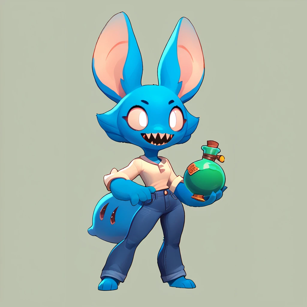 Full body view from a round creature with blue fur, female, long ears, smiling, sharp teeth, wearing jeans, white eyes, friendly round creature, holding a green potion in his hand