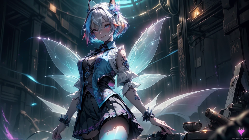spiritual blue fire fox girl, (fox ears, bald tail), (spirit, spiritual:1.4), (blue fire:1.5), 1 girl, perfect and well designed glowing sparkly eyes, (beautiful detailed eyes:1.05), natural breasts, slender body, beautiful and gentle sweet face, (face detail), ((realistic face)), pores, ((pale gray skin)), Detailed skin, realistic skin, (((bioluminescence))), ((shiny skin)), ((glowing spots on the skin)), (fangs:1.5), (multicolored gradation skin), (monster girl), (Fur body:1.4), human face, medium length hair, The hair is voluminous, (((((multicolored gradation hair))))), super high resolution, 8 k, параметры Best quality, (masterpiece:1.4), (Magic Accessories:1.4), bracelets, чрезвычайно detailed, thick, dense ({nylon|lycra}:1.5) pastel bright ((dark blue, (blue:0.4), silver:1.3), (pink, violet:0.75)) ornate ((stand collar shirt:1.25), (vest:1.5), (skirt, pleated skirt:1.35)), (tight clothes:1.4), (Erect nipples under fabric:1.15), (Ornaments on clothes:1.5), (cutout:1.3), (split), split, navel, young girl, Little beast, (smile:0.7), (pale skin:1.4), ((tattoos all over the body, Tribal tattoos all over leg)), ultra detailed, фотоrealistic, ((Real Picture)), (Best quality:1.4), super high resolution, (realistic 2.0), more details, (((1 girl))), futuristic, {fantasy|Cyberpunk}, technologies, (beautiful and aesthetically pleasing:1.2), (fractal art:1.4), (cinematic light:1.1), Dutch corner, 16K, HDR, RTH, ray tracing, radiation, Anisotropic filtering, Subsurface scattering, (((fairy lights))), metal reflections, detailed, realistic, Highly detailed 4K digital art, (chill_color), extremely detailed CG unity 8 k wallpaper, vibrant colors, (((seductive pose)))