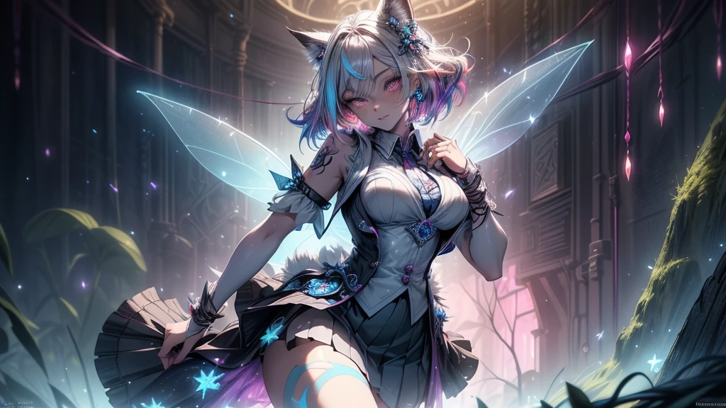 spiritual blue fire fox girl, (fox ears, bald tail), (spirit, spiritual:1.4), (blue fire:1.5), 1 girl, perfect and well designed glowing sparkly eyes, (beautiful detailed eyes:1.05), natural breasts, slender body, beautiful and gentle sweet face, (face detail), ((realistic face)), pores, ((pale gray skin)), Detailed skin, realistic skin, (((bioluminescence))), ((shiny skin)), ((glowing spots on the skin)), (fangs:1.5), (multicolored gradation skin), (monster girl), (Fur body:1.4), human face, medium length hair, The hair is voluminous, (((((multicolored gradation hair))))), super high resolution, 8 k, параметры Best quality, (masterpiece:1.4), (Magic Accessories:1.4), bracelets, чрезвычайно detailed, thick, dense ({nylon|lycra}:1.5) pastel bright ((dark blue, (blue:0.4), silver:1.3), (pink, violet:0.75)) ornate ((stand collar shirt:1.25), (vest:1.5), (skirt, pleated skirt:1.35)), (tight clothes:1.4), (Erect nipples under fabric:1.15), (Ornaments on clothes:1.5), (cutout:1.3), (split), split, navel, young girl, Little beast, (smile:0.7), (pale skin:1.4), ((tattoos all over the body, Tribal tattoos all over leg)), ultra detailed, фотоrealistic, ((Real Picture)), (Best quality:1.4), super high resolution, (realistic 2.0), more details, (((1 girl))), futuristic, {fantasy|Cyberpunk}, technologies, (beautiful and aesthetically pleasing:1.2), (fractal art:1.4), (cinematic light:1.1), Dutch corner, 16K, HDR, RTH, ray tracing, radiation, Anisotropic filtering, Subsurface scattering, (((fairy lights))), metal reflections, detailed, realistic, Highly detailed 4K digital art, (chill_color), extremely detailed CG unity 8 k wallpaper, vibrant colors, (((seductive pose)))