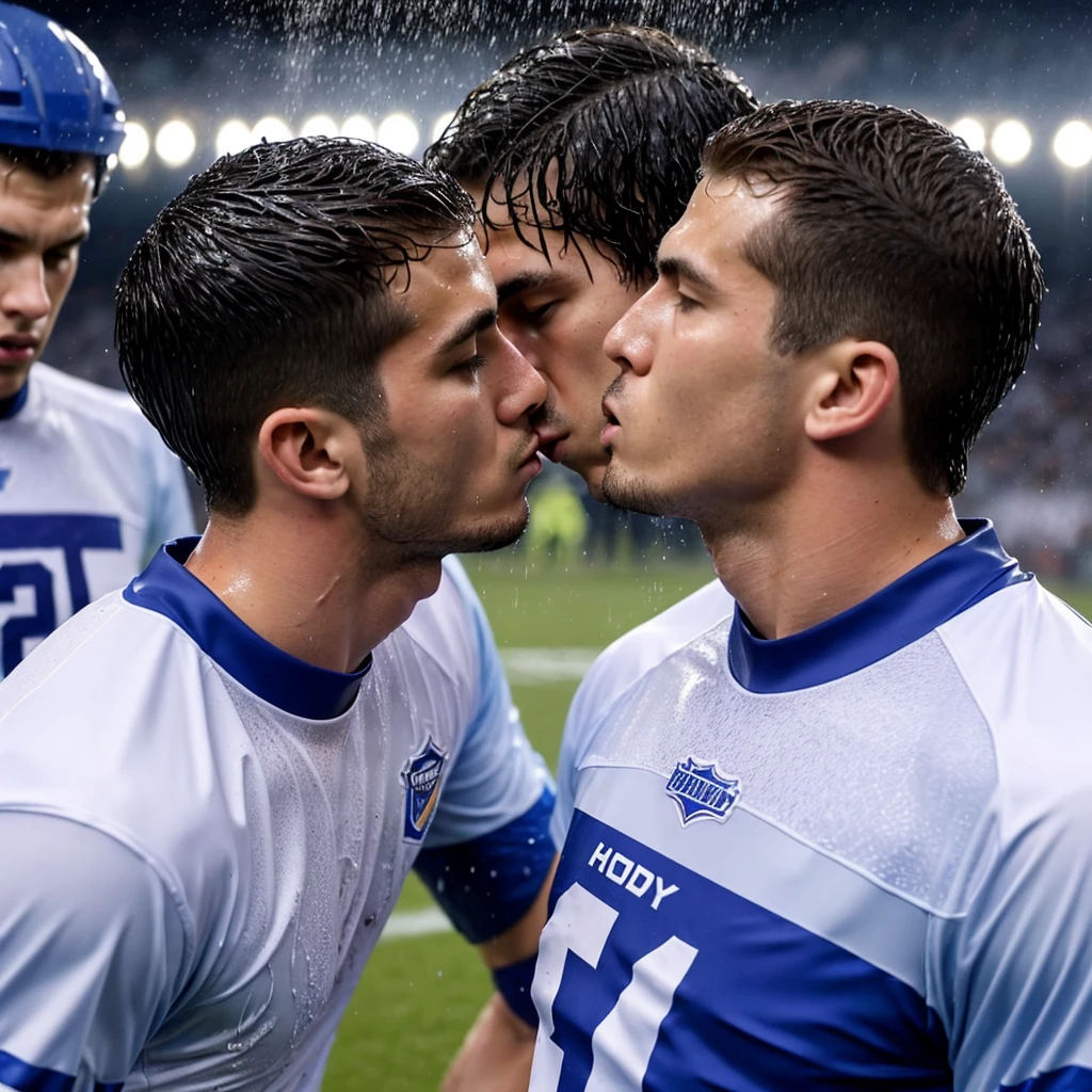soaked twenty year old men wearing wet football jerseys with soaked hair wearing soaked uniforms. several men in soaked jereseys pour buckets of water over them. Wet shirts. Wetlook. Sensual. Kissing. Homosexual. Wet clothes. Wetlook. 