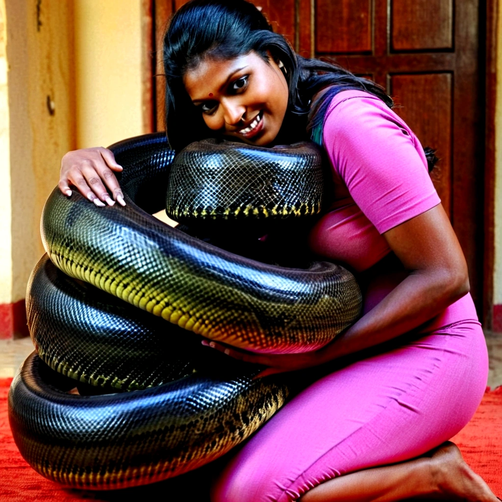 Pregnant Happy Horny, aroused 1girl), beautiful kneeling indian young teen girl with giant colossal black titanboa squeezing her hard, wrapped in thick spiraling coils, constricted, struggle, gasping for air, snake attack, snake peril, moonless night, dim light
