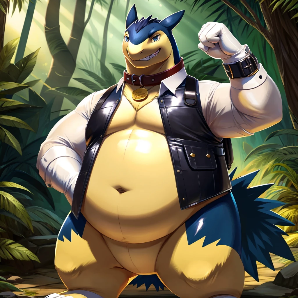 Solo, Male, fat, extremely obese, gentleman, dapper Professor Typhlosion, has a golden belly-button piercing, blue eyes, (posing:1.3), (soft shading), 4k, hi res, ((detailed face, detailed)), looking at viewer, evil grin, jungle, forest, collared shirt with buttons, top hat, male focus, Explorer Outfit, glasses, monocle, bag, vest with buttons, backpack, sleeves rolled up, round eyewear, brown headwear, brown vest, Typhlosion is wearing a glossy leather dog collar around the neck, Typhlosion is wearing the leather collar and shirt and vest at the same time, Typhlosion is wearing glossy white rubber gloves on the hands, wearing white rubber gloves on the feet, Typhlosion is wearing glossy white cuffs around the wrists, gold cufflinks gloves are rubber in texture, clenching teeth, clenching fists, leather collar is glossy and shiny with a lot of detail, Typhlosion is wearing gloves and cuffs and cufflinks at the same time, leather collar has a round dog-tag, leather collar is thick and detailed.
