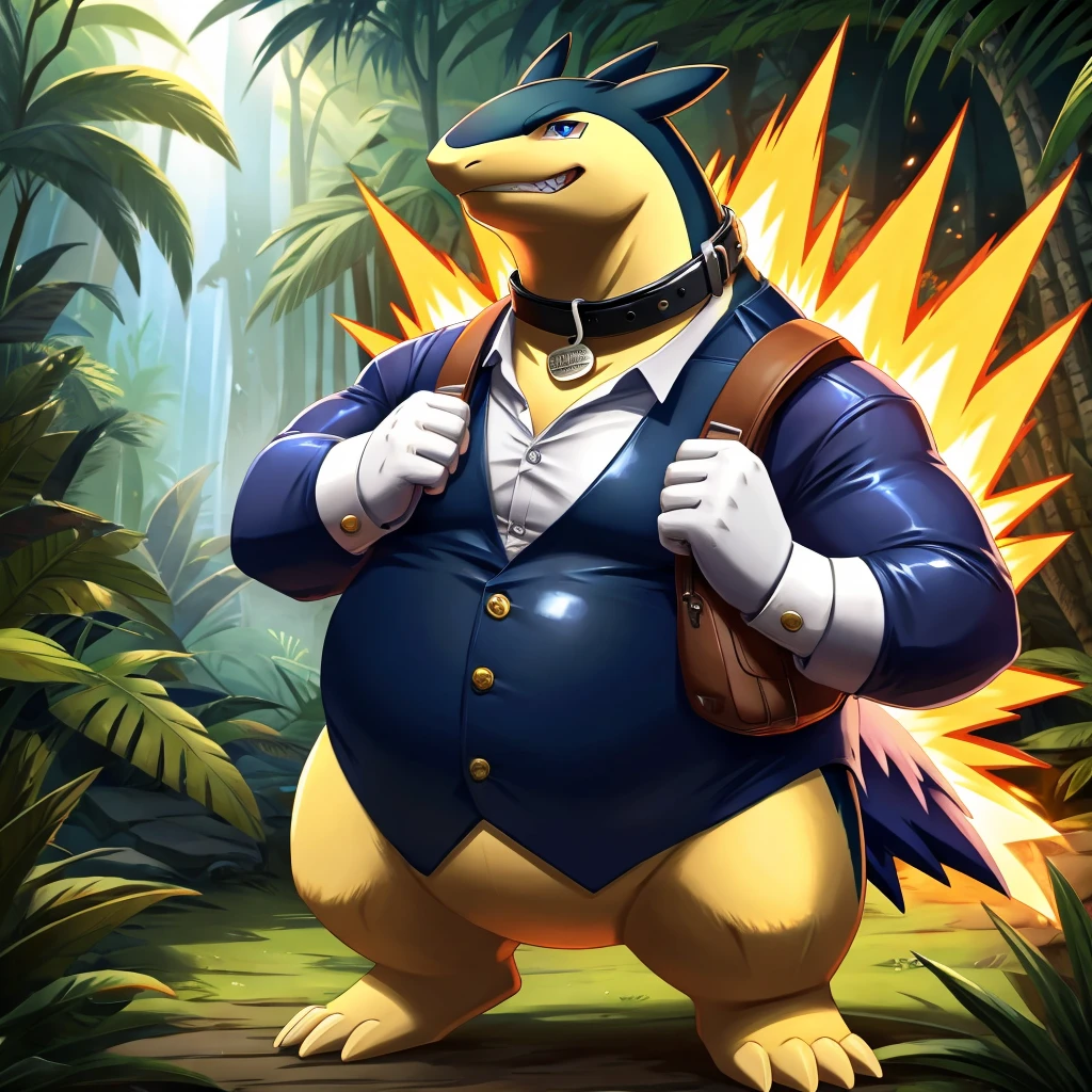 Solo, Male, fat, extremely obese, gentleman, dapper Professor Typhlosion, has a golden belly-button piercing, blue eyes, (posing:1.3), (soft shading), 4k, hi res, ((detailed face, detailed)), looking at viewer, evil grin, jungle, forest, collared shirt with buttons, top hat, male focus, Explorer Outfit, glasses, monocle, bag, vest with buttons, backpack, sleeves rolled up, round eyewear, brown headwear, brown vest, Typhlosion is wearing a glossy leather dog collar around the neck, Typhlosion is wearing the leather collar and shirt and vest at the same time, Typhlosion is wearing glossy white rubber gloves on the hands, wearing white rubber gloves on the feet, Typhlosion is wearing glossy white cuffs around the wrists, gold cufflinks gloves are rubber in texture, clenching teeth, clenching fists, leather collar is glossy and shiny with a lot of detail, Typhlosion is wearing gloves and cuffs and cufflinks at the same time, leather collar has a round dog-tag, leather collar is thick and detailed.
