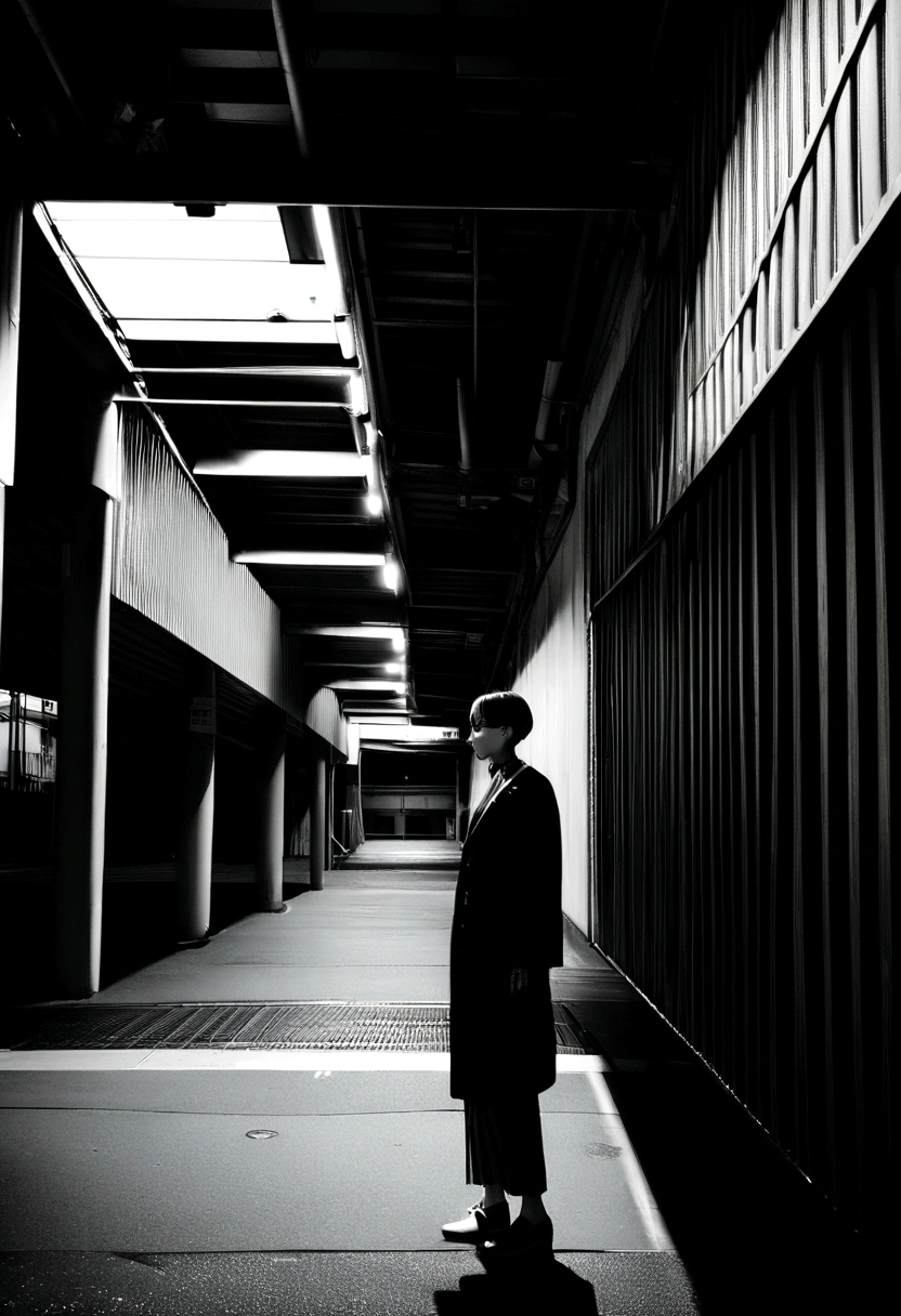 Cyber fashion boy standing on loading dock in Shibuya in Japan, Really hyper, Real photos, high contrast, 8K, high resolution