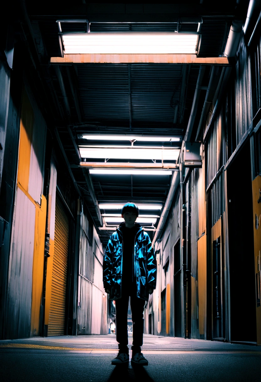Cyber fashion boy standing on loading dock in Shibuya in Japan, Really hyper, Real photos, high contrast, 8K, high resolution