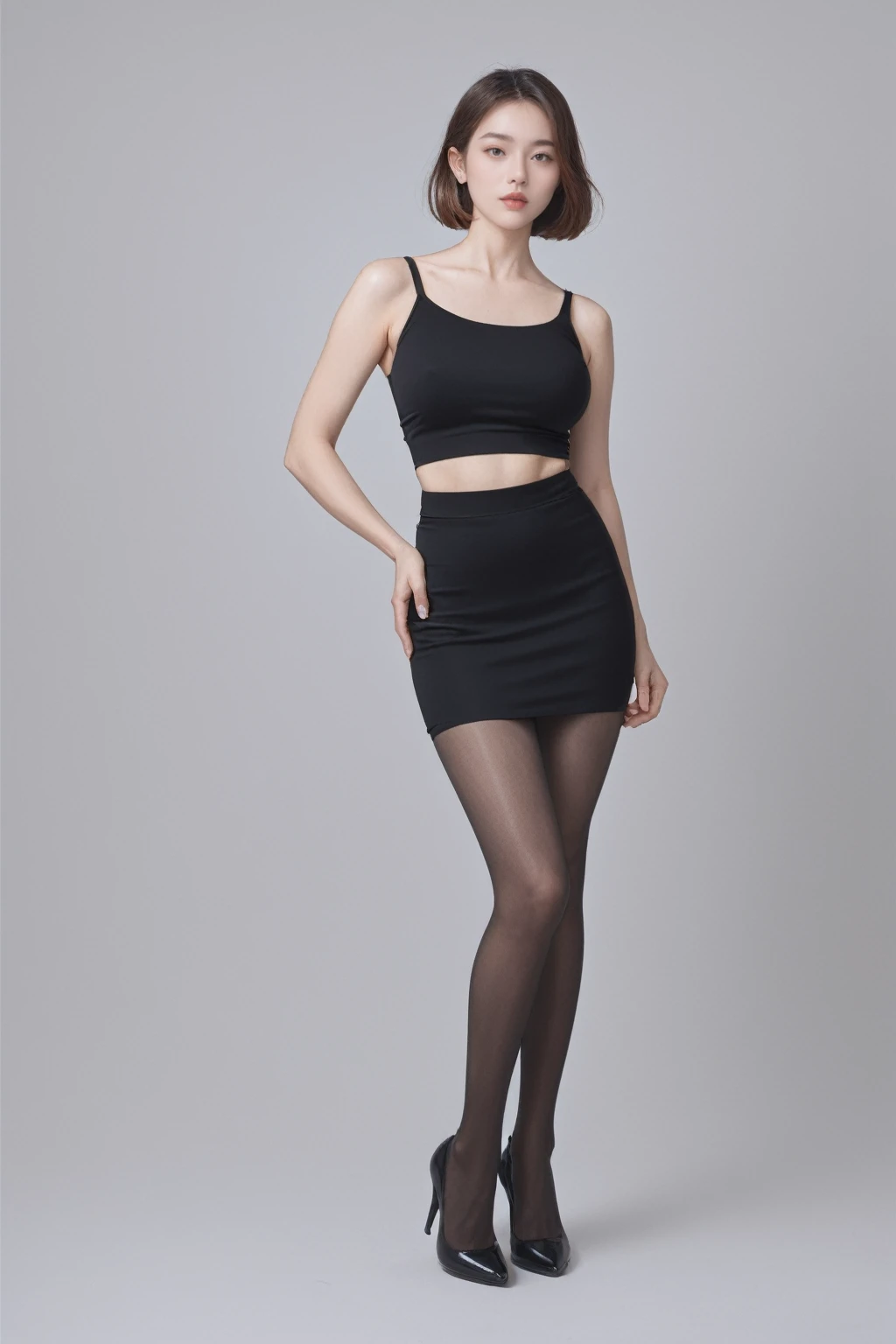 1girl, stand, full body, high heels, pantyhose,
Graphic Tee, simple background, Lob \(long bob\), big breasts, 
realstic, photorealistic, 
masterpiece, best quality, 8k, score_9, score_8_up, score_7_up, 