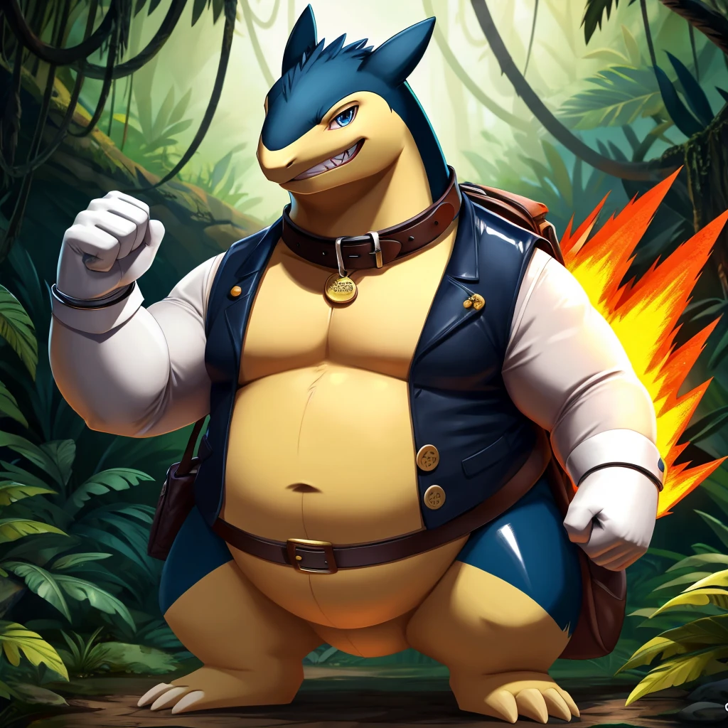 Solo, Male, fat, extremely obese, gentleman, dapper Professor Typhlosion, has a golden belly-button piercing, blue eyes, (posing:1.3), (soft shading), 4k, hi res, ((detailed face, detailed)), looking at viewer, evil grin, jungle, forest, collared shirt with buttons, top hat, male focus, Explorer Outfit, glasses, monocle, bag, vest with buttons, backpack, sleeves rolled up, round eyewear, brown headwear, brown vest, Typhlosion is wearing a glossy leather dog collar around the neck, Typhlosion is wearing the leather collar and shirt and vest at the same time, Typhlosion is wearing glossy white rubber gloves on the hands, wearing white rubber gloves on the feet, Typhlosion is wearing glossy white cuffs around the wrists, gold cufflinks gloves are rubber in texture, clenching teeth, clenching fists, leather collar is glossy and shiny with a lot of detail, Typhlosion is wearing gloves and cuffs and cufflinks at the same time, leather collar has a round dog-tag, leather collar is thick and detailed.