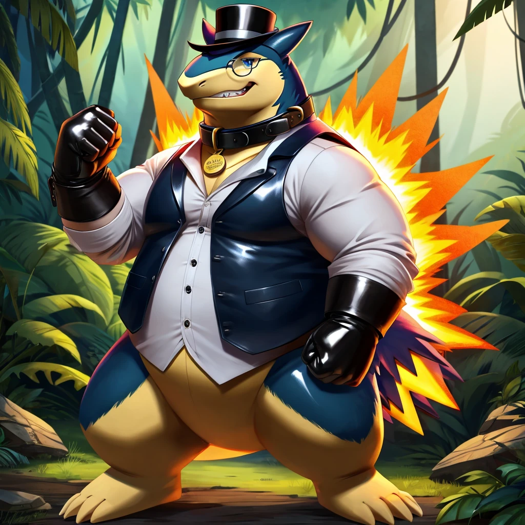 Solo, Male, fat, extremely obese, gentleman, dapper Professor Typhlosion with a large penis and testicles, ejaculating sperm from the penis, Typhlosion is clutching penis with hand, Typhlosion is rubbing penis with hand, blue eyes, (posing:1.3), (soft shading), 4k, hi res, ((detailed face, detailed)), looking at viewer, evil grin, jungle, forest, collared shirt with buttons, top hat, male focus, Explorer Outfit, glasses, monocle, bag, vest with buttons, backpack, sleeves rolled up, round eyewear, brown headwear, brown vest, Typhlosion is wearing a glossy leather dog collar around the neck, Typhlosion is wearing the leather collar and shirt and vest at the same time, Typhlosion is wearing glossy white rubber gloves on the hands, wearing white rubber gloves on the feet, Typhlosion is wearing glossy white cuffs around the wrists, gold cufflinks gloves are rubber in texture, clenching teeth, clenching fists, leather collar is glossy and shiny with a lot of detail, Typhlosion is wearing gloves and cuffs and cufflinks at the same time, leather collar has a round dog-tag, leather collar is thick and detailed.