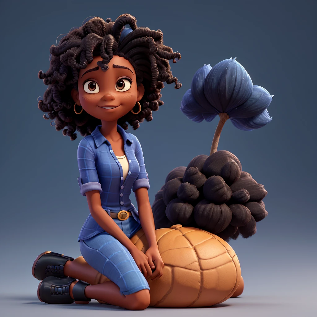 Cartoon character of a black woman in a blue shirt with dark brown eyes, long curly hair, an animated character, stylized character, animation style rendering, 3d stylized, Arnold Maya rendering, Stylized 3D rendering, toon render screenshot, 3d character, 3d character, Stylized 3D rendering, 3D character rendering, cartoon character, Personagem de close up, character posing, (Pixar-style) (master part:1.2) (bokeh) (best qualityer) (skin detailed) (detailed texture) (8K) (Argilla) (cinematic lighting) (sharp focus，Sit down and lift your upper body