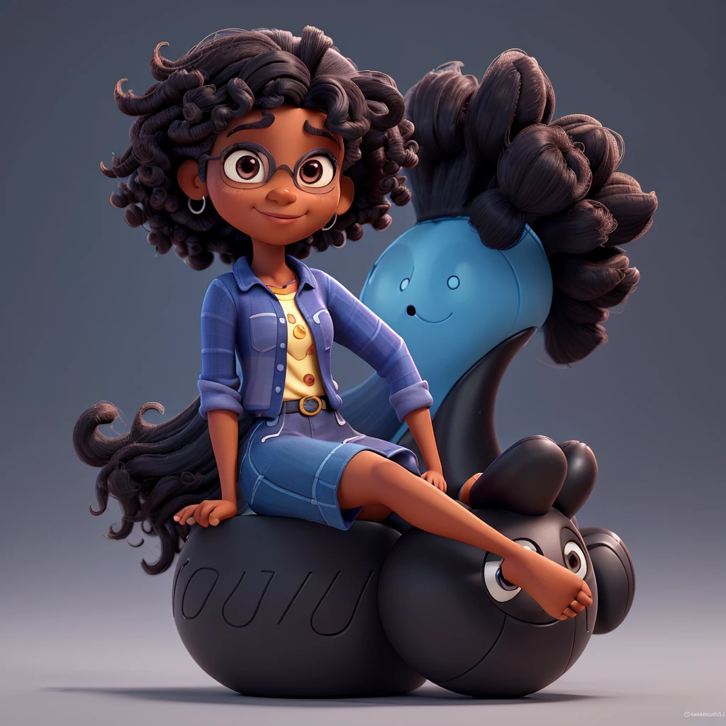 Cartoon character of a black woman in a blue shirt with dark brown eyes, long curly hair, an animated character, stylized character, animation style rendering, 3d stylized, Arnold Maya rendering, Stylized 3D rendering, toon render screenshot, 3d character, 3d character, Stylized 3D rendering, 3D character rendering, cartoon character, Personagem de close up, character posing, (Pixar-style) (master part:1.2) (bokeh) (best qualityer) (skin detailed) (detailed texture) (8K) (Argilla) (cinematic lighting) (sharp focus，Sit down and lift your upper body