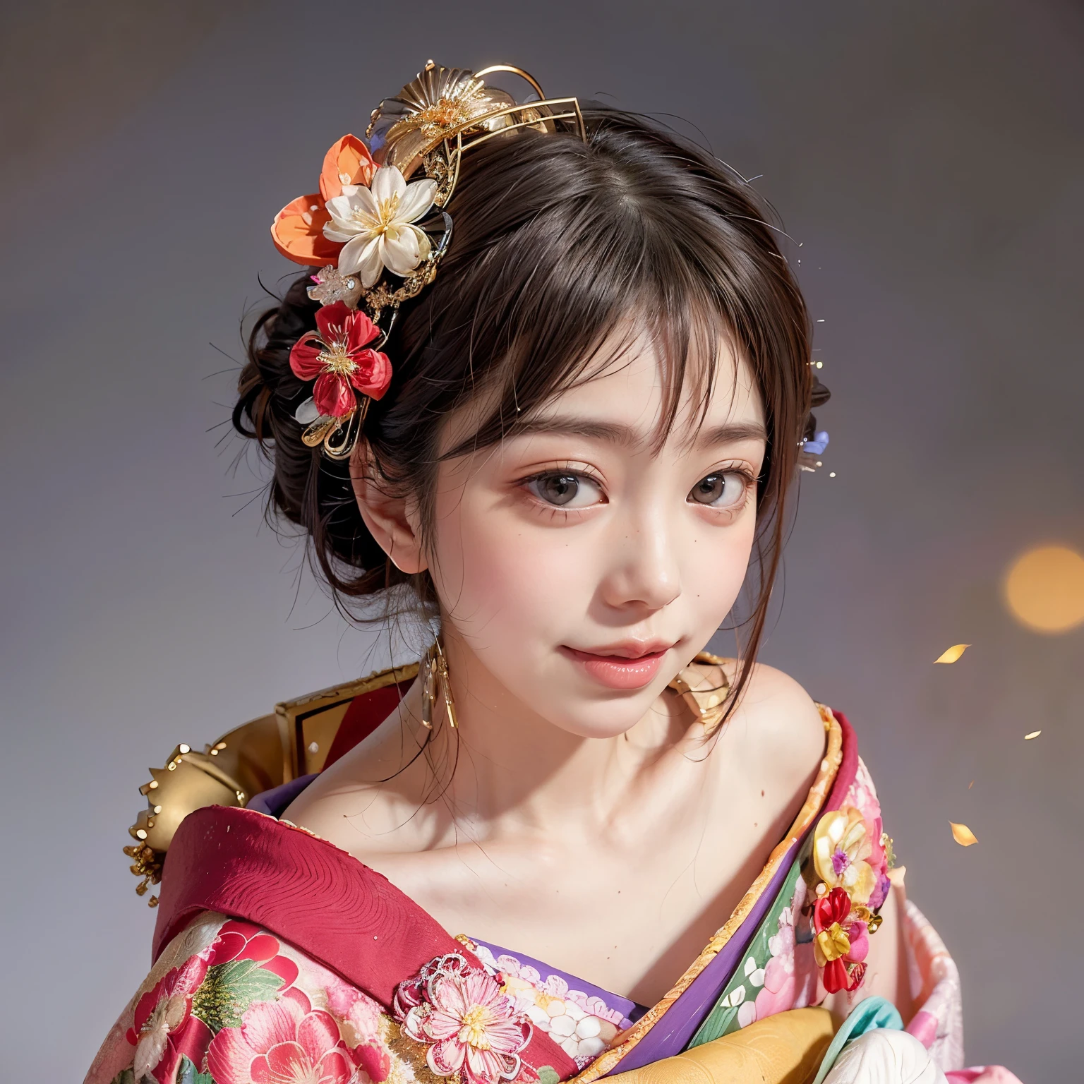 (PUNIPUNI offshoulder KIMONO offshoulder KANZASHI flowers Hairpin )High-level, 8K Masterpiece TopQuality, Ultra-detailed CG, Absurd detailed wallpaper, PerfectLighting, Extremely detailed (((Personifying " Oiran " as a KAWAII Girl))), Characteristic Items, aesthetic LifeLike Rendering, MysticSight, Haze Tyndall tering, (Studio GRAY Background with (Oodles Dazzling Iridescent Particles (bokeh))), (((Assfs)) RoundlyButt) ThighGap, (Exposed:0.44) 🔞 BREAK (Acutance:0.8), (NOGIZAKA FaceVariations) Extremely Detailed very KAWAII FaceVariations, ChildistivatingGaze ElaboratePupils Detailed Eyes with (SparklingHighlights:1.28), (Voluminous LongEyelashes:0.88)、Glossy RedLips with beautiful details, CoquettishToe, RosyCheeks, Radiant PearlSkin with Transparency, Glowing DowneyHair . { (Dynamic LifeLike expressions:1.4) | (:d) }, (large eyes:-1) .