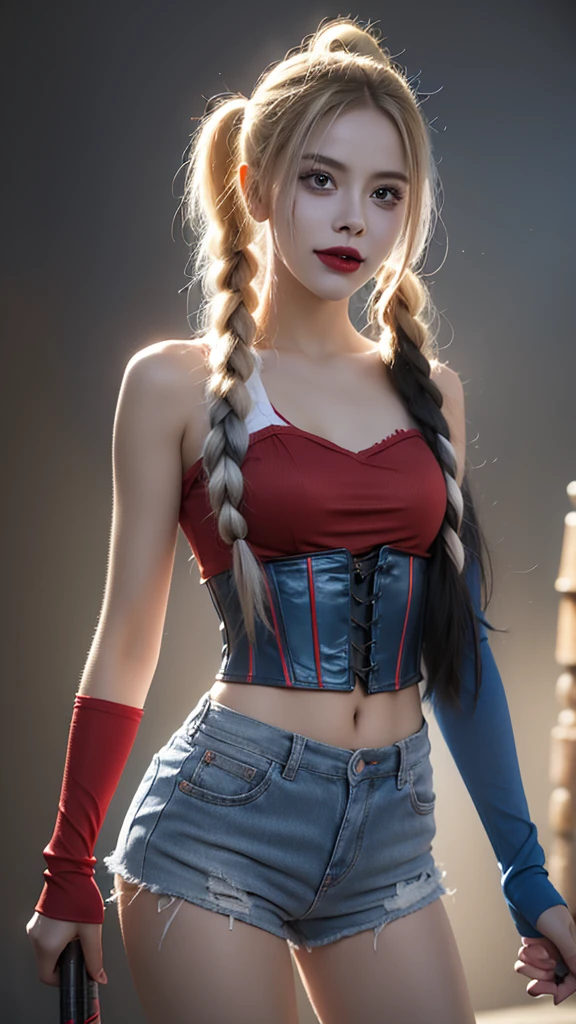 a woman with vibrant Beige and blue pigtails, a red and blue corset top, ripped shorts, fishnet stockings, a baseball bat, and a crazy expression on her face, DC comics character Harley Quinn from the movie Suicide Squad, intricate detailed tattoos, highly saturated colors, high quality, photorealistic, cinematic lighting, dramatic pose, dynamic angle, action scene, Sample language