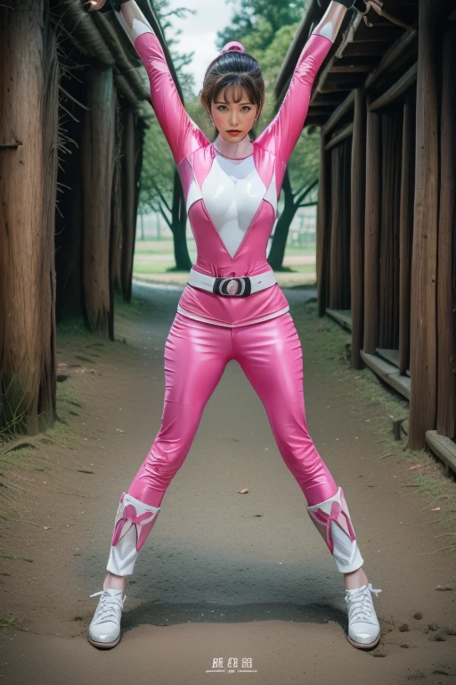 pink theme,pink ranger suit、curvy, big breats, full body, tied on Saint Andrew's cross in X position