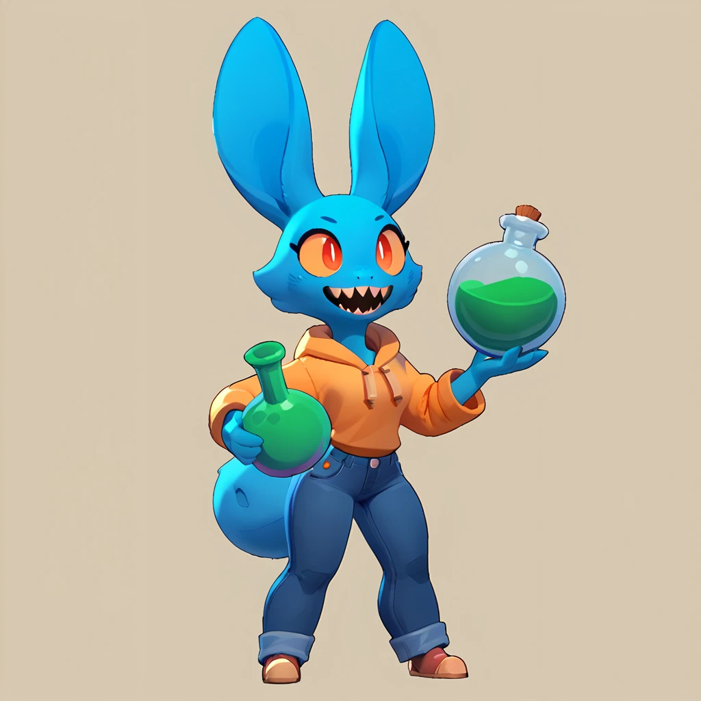 Full body view from a round creature with blue fur, female, long ears, smiling, sharp teeth, wearing jeans, friendly round creature, holding a green potion in his hand