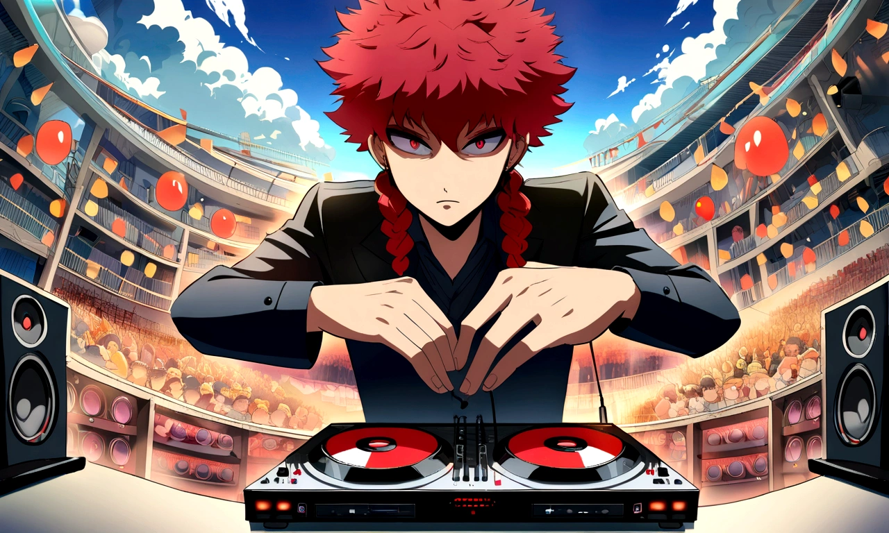 top-Quality、Red hair, golden eyes, beard, smoking, young man, headphones around his neck, Arabian clothes, DJ