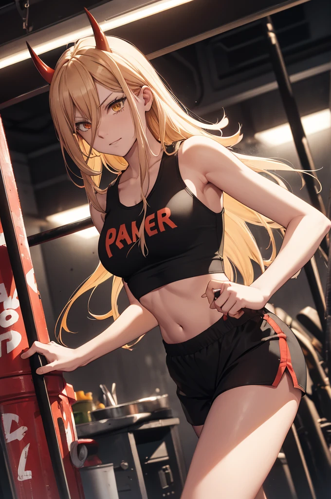 power, chainsaw anime, long yellow hair, red horns, mood strip-bar, (black tank top), (black running shorts), Pole dancing