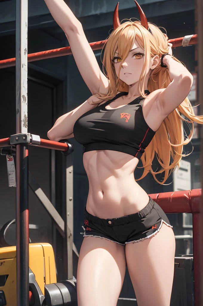 power, chainsaw anime, long yellow hair, red horns, mood strip-bar, (black tank top), (black running shorts), Pole dancing
