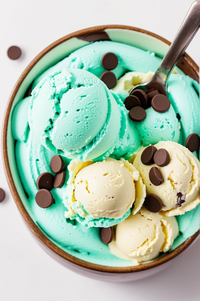 ((Best Quality)), ((realist)), (detailed), 1 scoop of creamy and attractive ice cream view from above with mint choco flavor with chocolates embedded with a completely white background