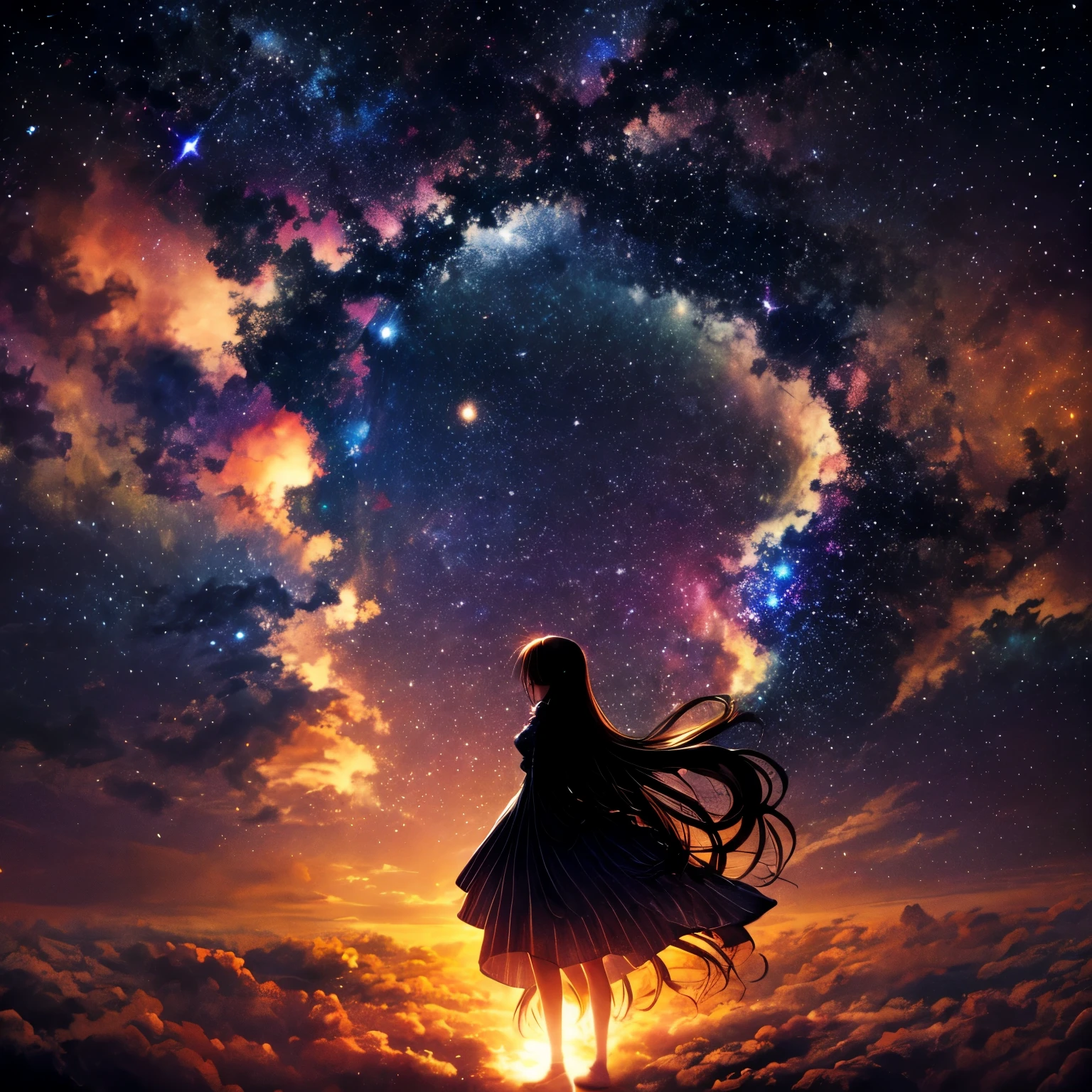 ((silhouette art)), Orihime's sadness at being separated by the Milky Way is conveyed, as she stretches out her right arm and regrets parting, close-up, profile, and composition taken from above.