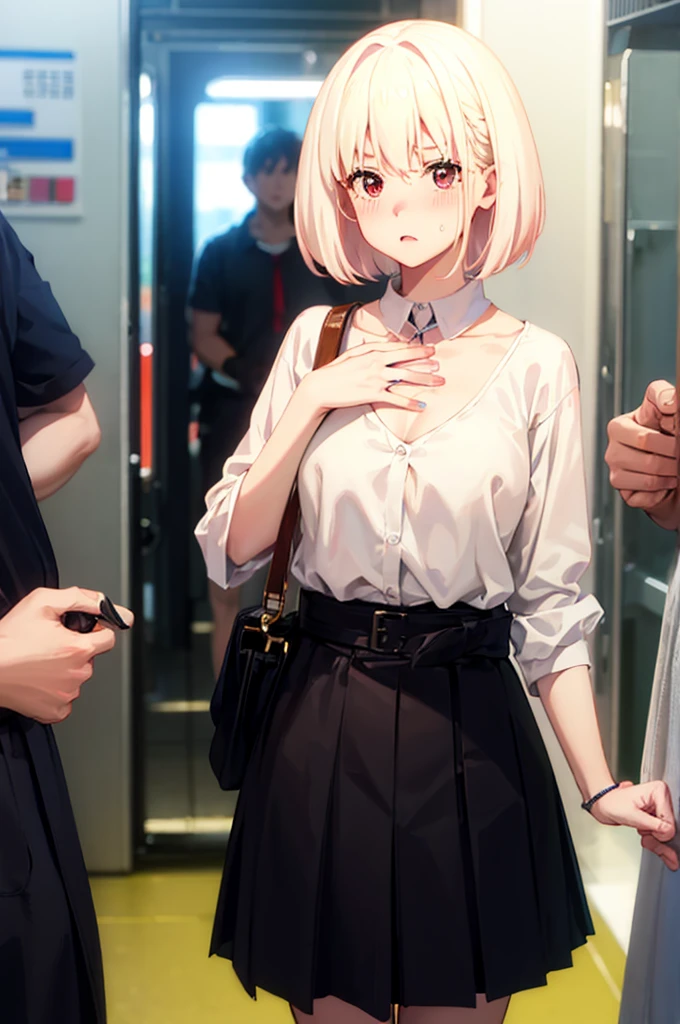 Acme Face、(nsfw:1.1)、Bra is visible、sweat、1 boy、POV shooter、Chest grab、Embarrassed look、、1 boy、POV shooter、Chest grab、Small breasts、手でhide、skill、、hide、Black Skirt、、blush、、Embarrassed look、Japanese、Black Skirt、、Light cream colored hair、Short Hair、Pale red eyes、blush、lipstick、Perfect hands、Fine hand、Inside the train、、Good hands、