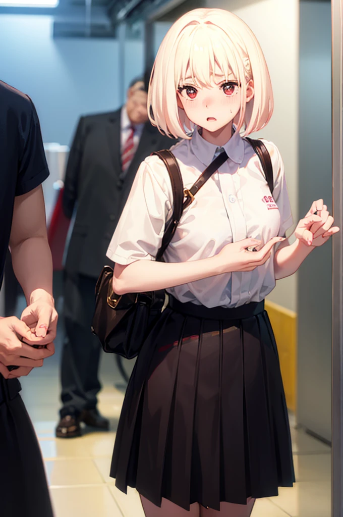Acme Face、(nsfw:1.1)、Bra is visible、sweat、1 boy、POV shooter、Chest grab、Embarrassed look、、1 boy、POV shooter、Chest grab、Small breasts、手でhide、skill、、hide、Black Skirt、、blush、、Embarrassed look、Japanese、Black Skirt、、Light cream colored hair、Short Hair、Pale red eyes、blush、lipstick、Perfect hands、Fine hand、Inside the train、、Good hands、