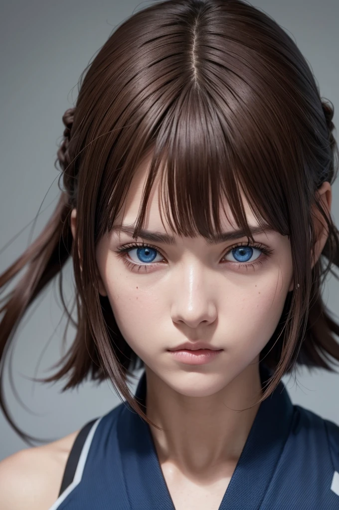 A girl with brown hair with 1 blue eye and another brown and a scar on her eyebrow wearing a jujutsu kaisen itadori outfit
