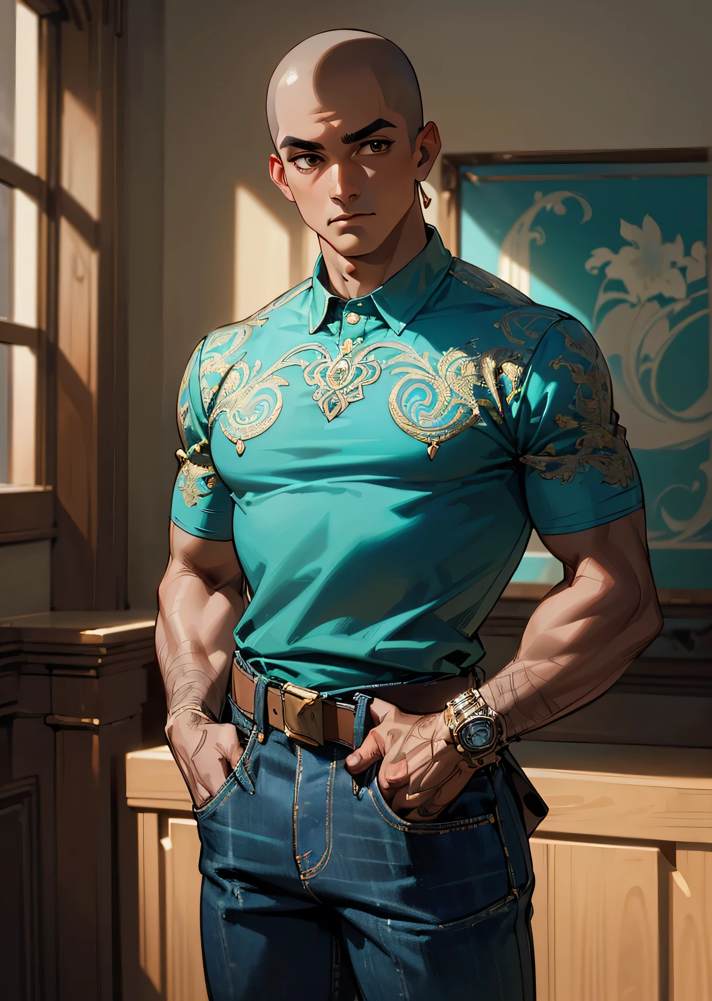 ((masterpiece)), ((HD)), ((high res)), ((solo portrait)), ((waist-up)), ((front view)), ((cartoon aesthetic)), ((detailed shading)), ((intricate details)), ((cinematic lighting)), {(young man), (brown skin), (shaved head), (brown eyes), (short eyelashes), (defined muscles), (calm expression)}, {teal shirt, blue jeans}, {(standing), (looking at viewer)}, [ambient lighting, city, sun rays]