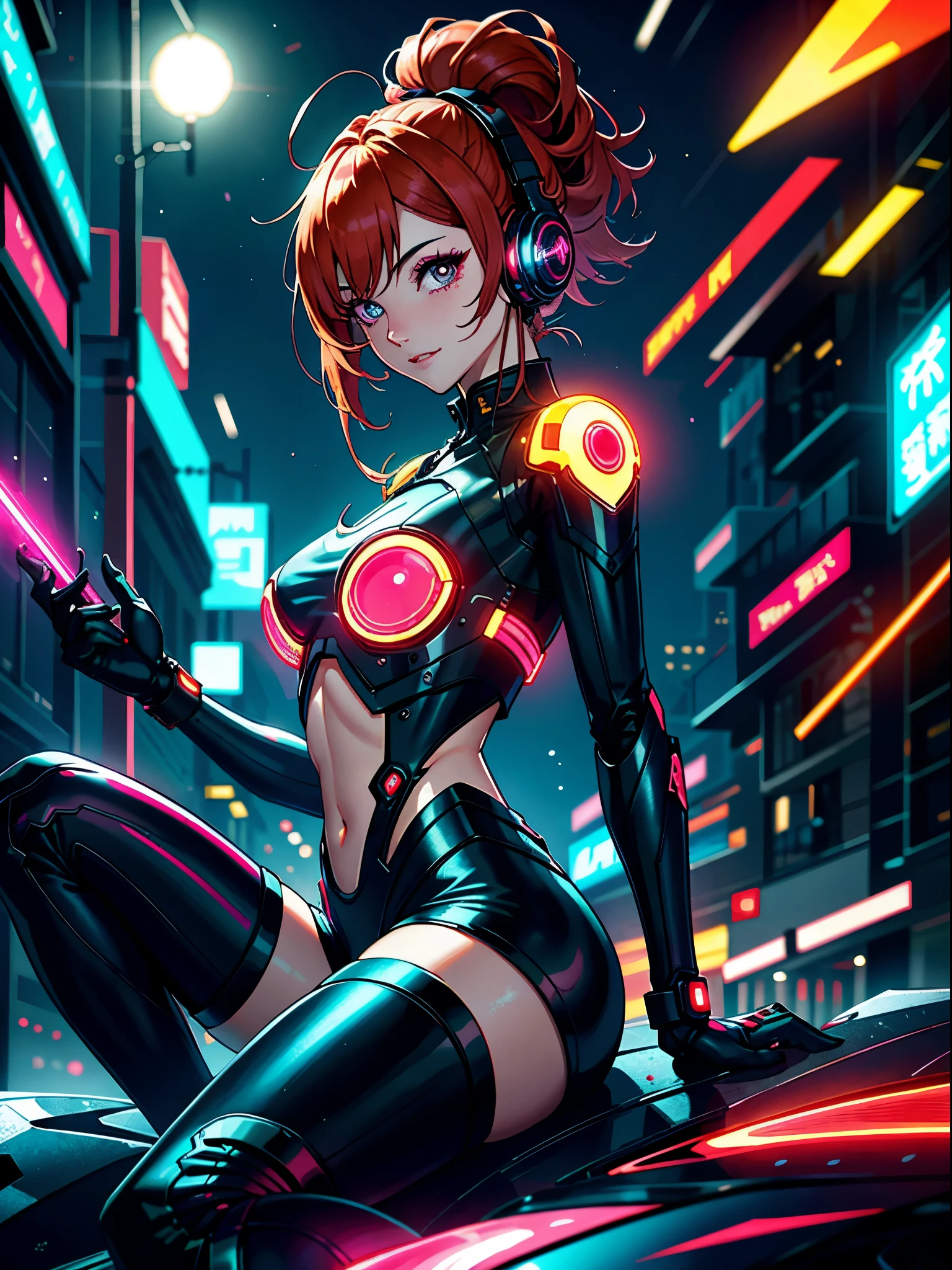 1 girl, Chinese_clothes, metallic black titanium and pink, cyberhan, cheongsam, cyberpunk city, dynamic pose, detailed luminescent headphones, luminous hair accessories, long hair, luminous earrings, glowing necklace, cyberpunk, high-tech city, full of mechanical and futuristic elements, futuristic, technology, glowing neon, pink, pink light, sexy skirt, translucent black cape, laser light, digital background urban sky, big moon, with vehicle, best quality, masterpiece, 8K, Character edge light, super high detail, high quality, the most beautiful woman in human beings, smile, face facing front and left and right symmetry, ear decoration, long antenna glow, beautiful pupils, light effects, visual data, silver-red-orange hair dyed hair, ultra-detailed face texture, happy, weapon system, crowded street passers-by, mecha style, overhead luminous antenna, back jet, girl sitting